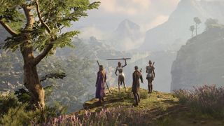 Best Xbox Series X games - screenshot from Baldur's Gate 3 showing Wyll, Gale, Lae'zel, and Shadowheart looking out across a valley