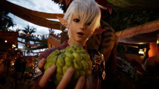 An elf holding a fruit during the new game Final Fantasy 14 Dawntrail.