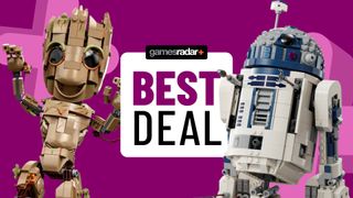 Lego I Am Groot and R2-D2 sets on either side of a 'best deal' badge, all against a purple background