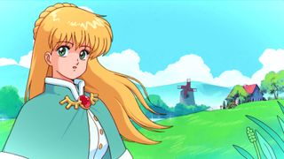 Fields of Mistria trailer screenshot showing an anime-style girl with long blonde hair and blue eyes, a grassy field and windmill behind her