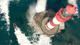 A screenshot of a boat driving past a lighthouse during the game GTA 5.