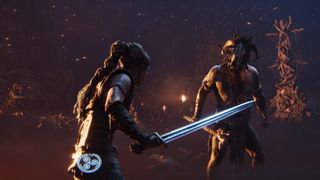 A Hellblade 2 screenshot of Senua holding a sword against an enemy.